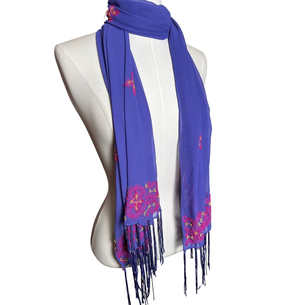 Purple Embroidered Beaded Fringe Scarf Sheer Pink Gold Floral Y2K VTG Festival